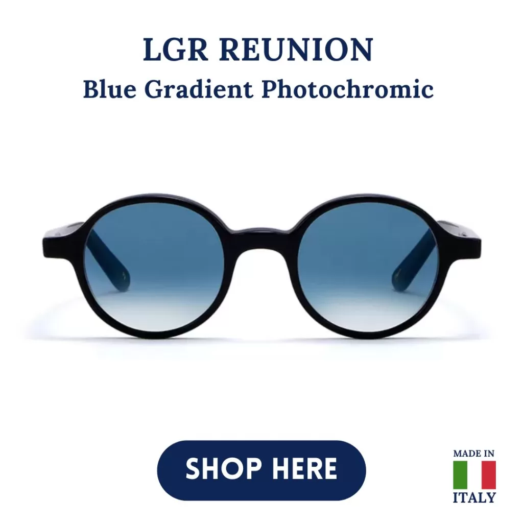 rounded sunglasses with blue lenses