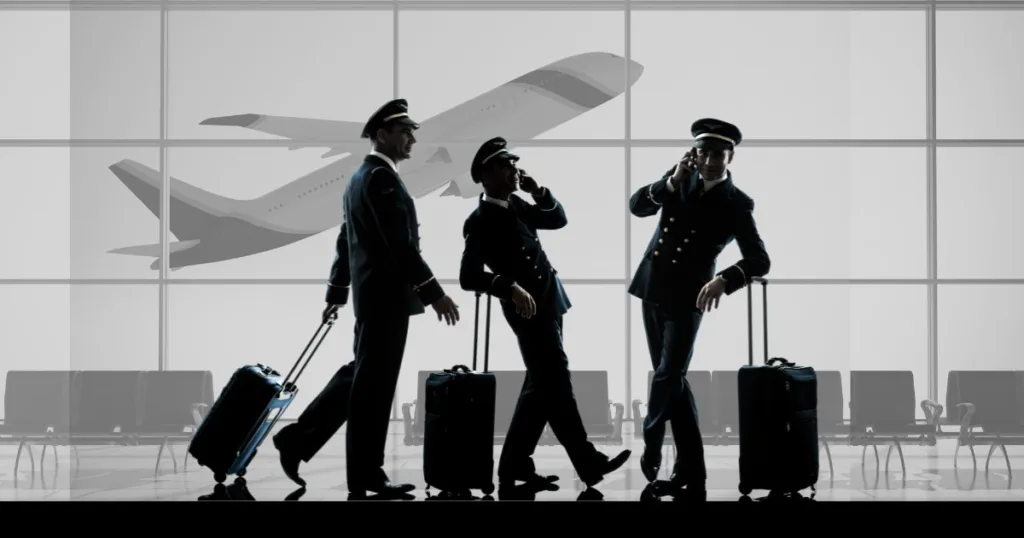 Three pilots in an airport with a plane taking off from the runway visible out of the window behind them they are each pulling a roller bag and two if them are talking on the phone they are wearing pilot uniforms and hats.