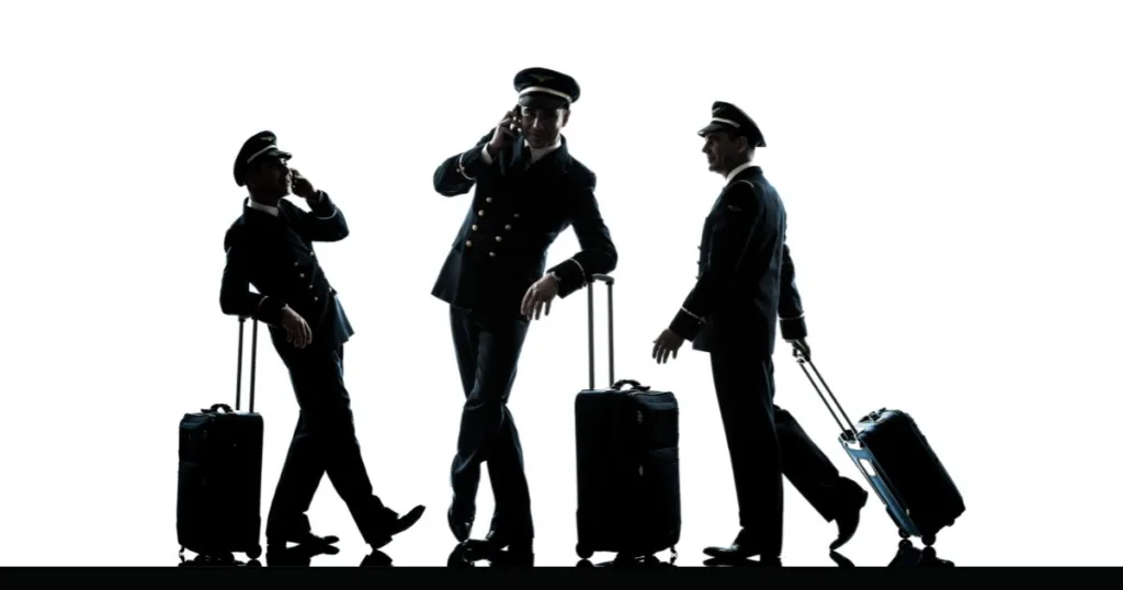 Three pilots in a black outline against a white background they are each pulling a roller bag and two if them are talking on the phone they are wearing pilot uniforms and hats.