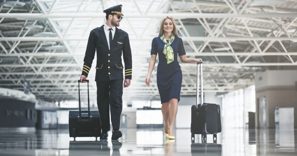 A pilot and a flight attendant walking through an airport pulling bags