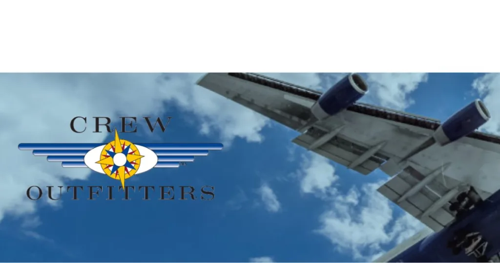 the Crew Outfitters logo against a blue sky with clouds and a 737 jet flying overhead