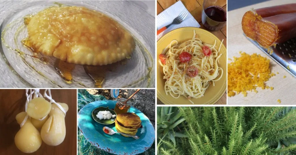 Seadas (Sardinian sweet: fried pastry filled with melted pecorino, and doused in honey), Perette (Sardinian farm cheese), and Saffron Pancakes, rosemary herb, fresh pasta and Bottarga with spaghetti. Grated bottarga.