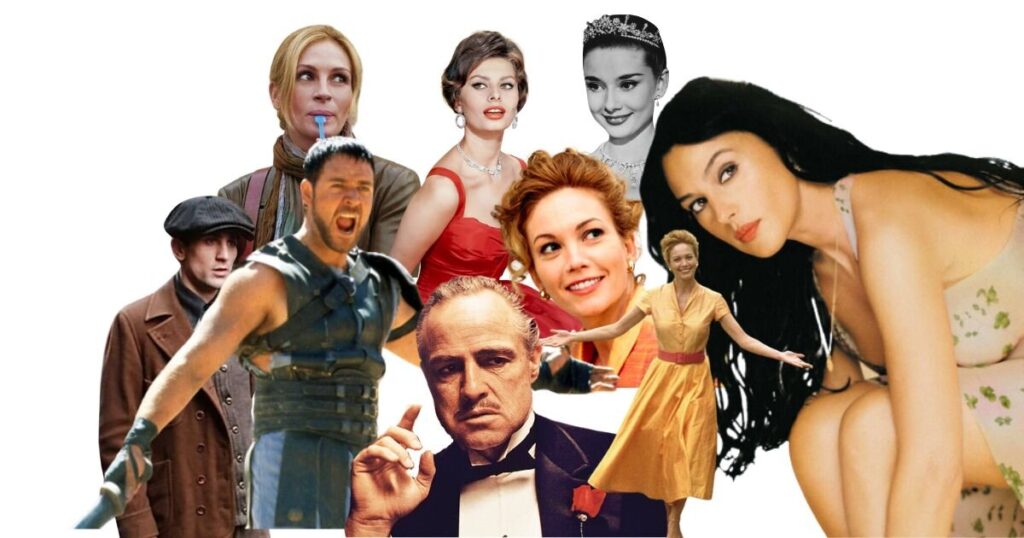 Sofia Loren, Monica Belucci, Robert De Niro, Diane Lane, Audry Hepburn, Russel Crowe, Julia Roberts and Marlon Brando in some of the best American Italian movies of all time