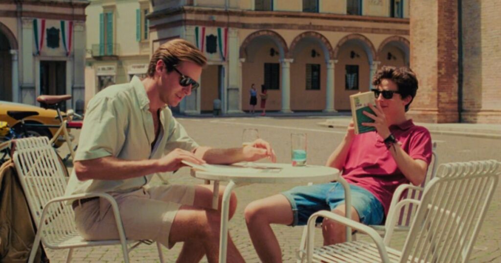 Timothée Chalamet as Elio and Armie Hammer as Oliver in Call Me By Your Name